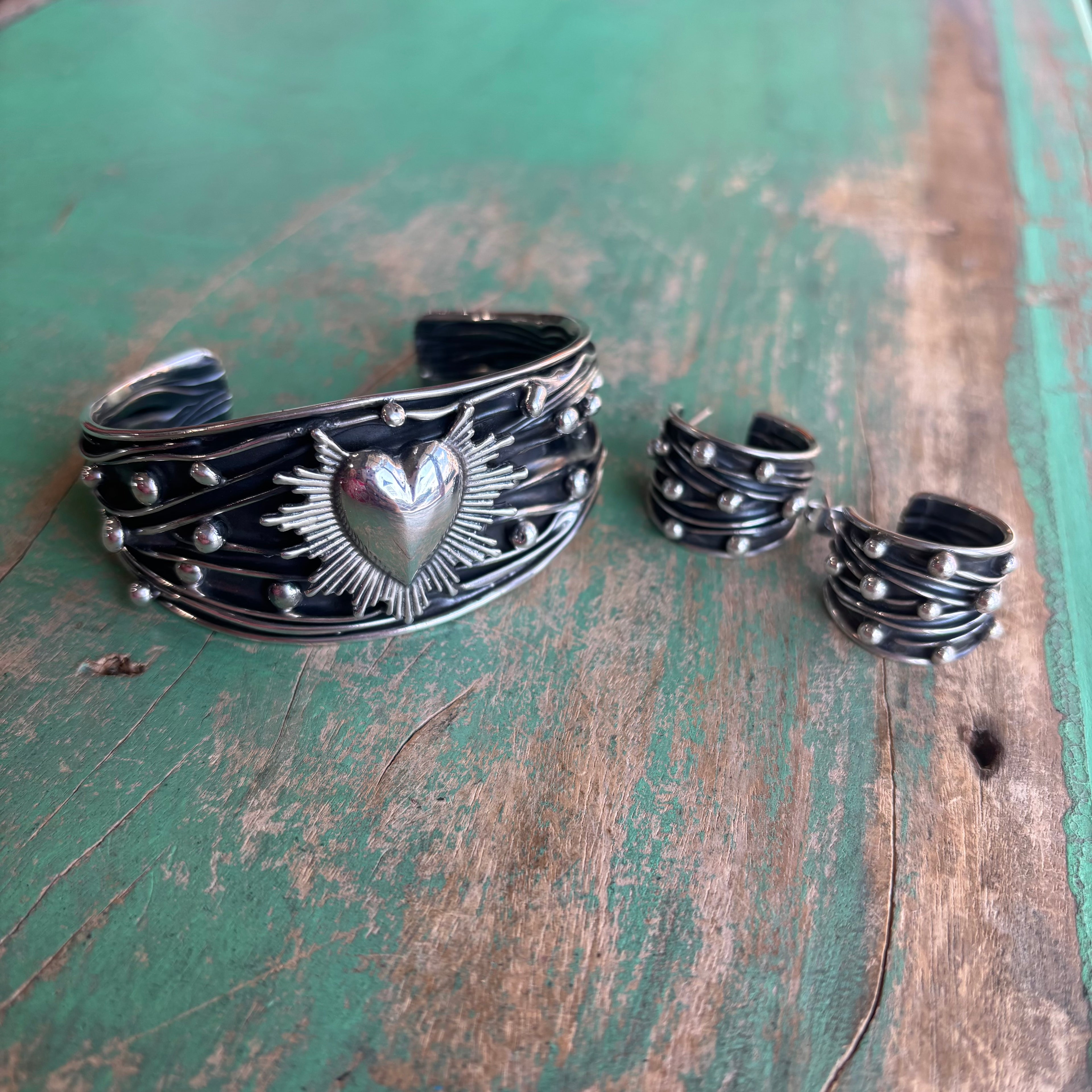 Sterling Silver Sacred Heart Cuff or Earrings