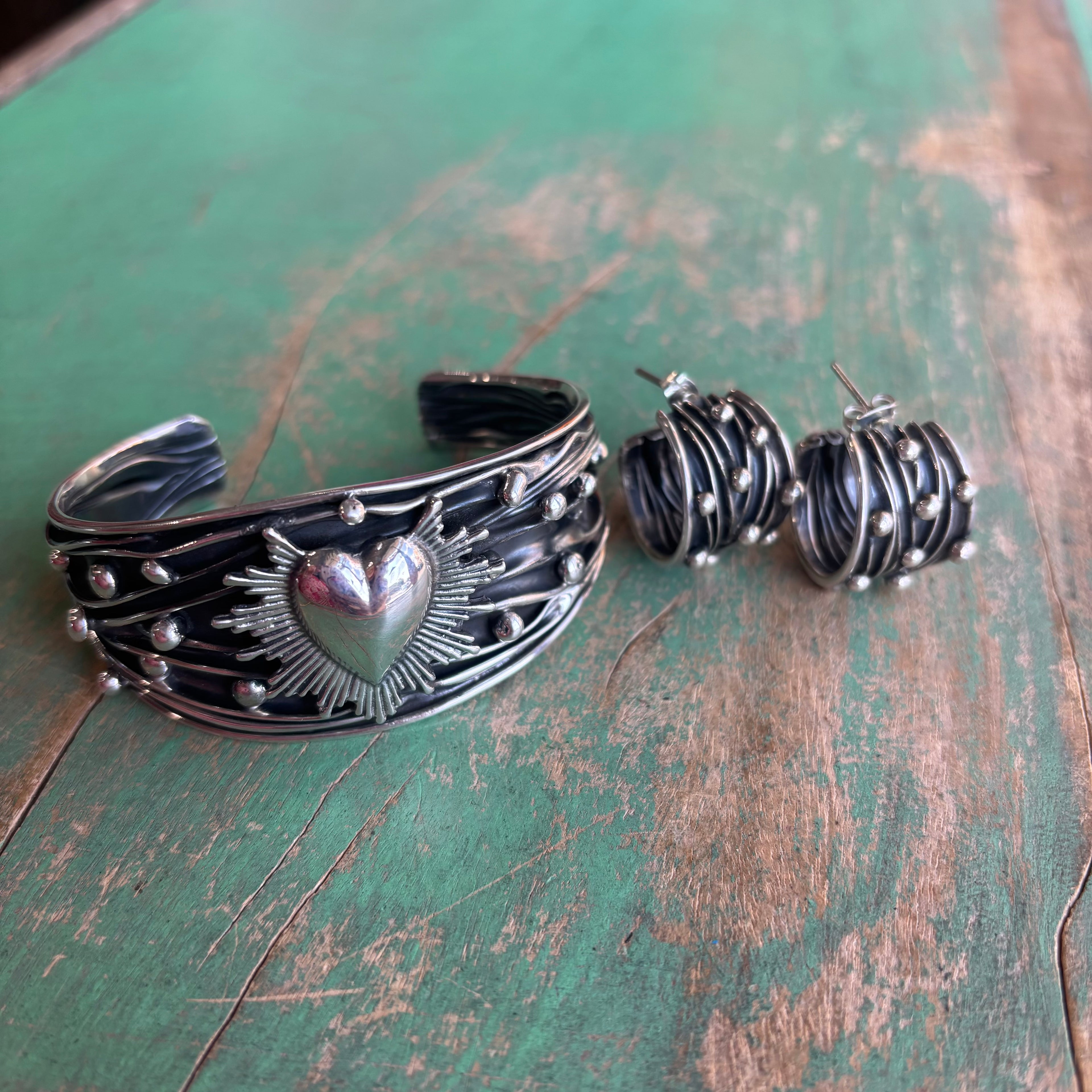 Sterling Silver Sacred Heart Cuff or Earrings