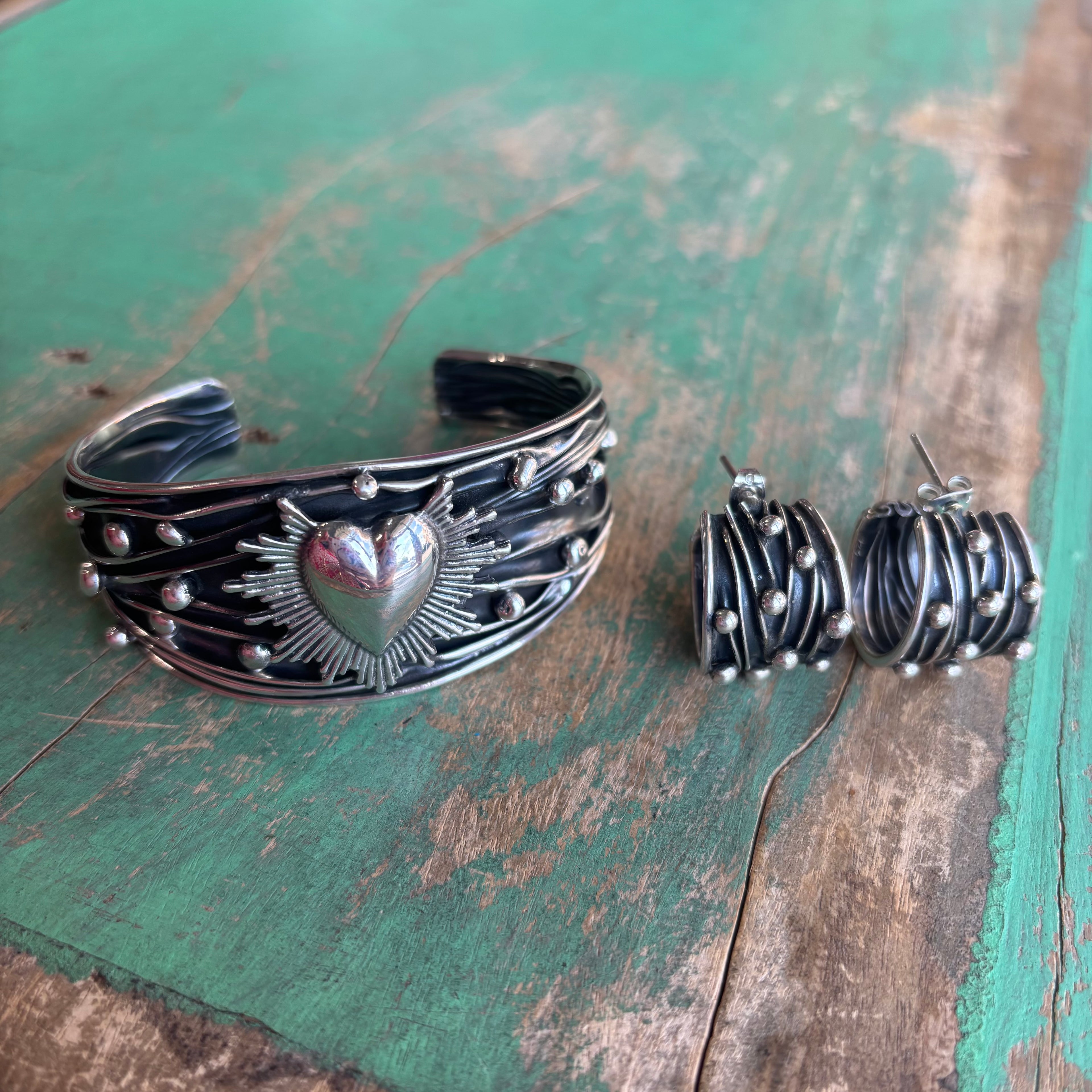 Sterling Silver Sacred Heart Cuff or Earrings