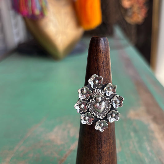 Sterling Silver Blooming Sacred Heart Adjustable Ring