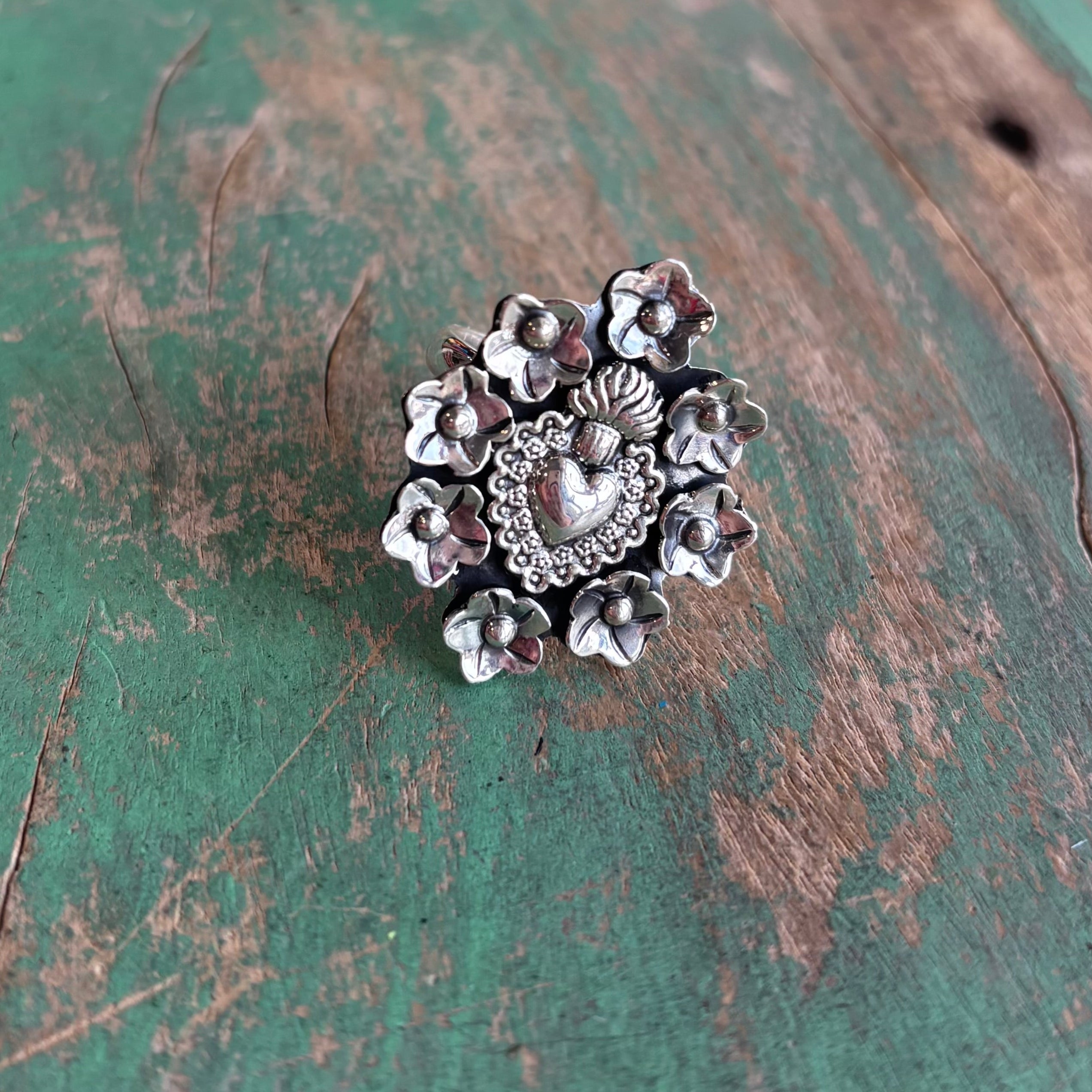 Sterling Silver Blooming Sacred Heart Adjustable Ring