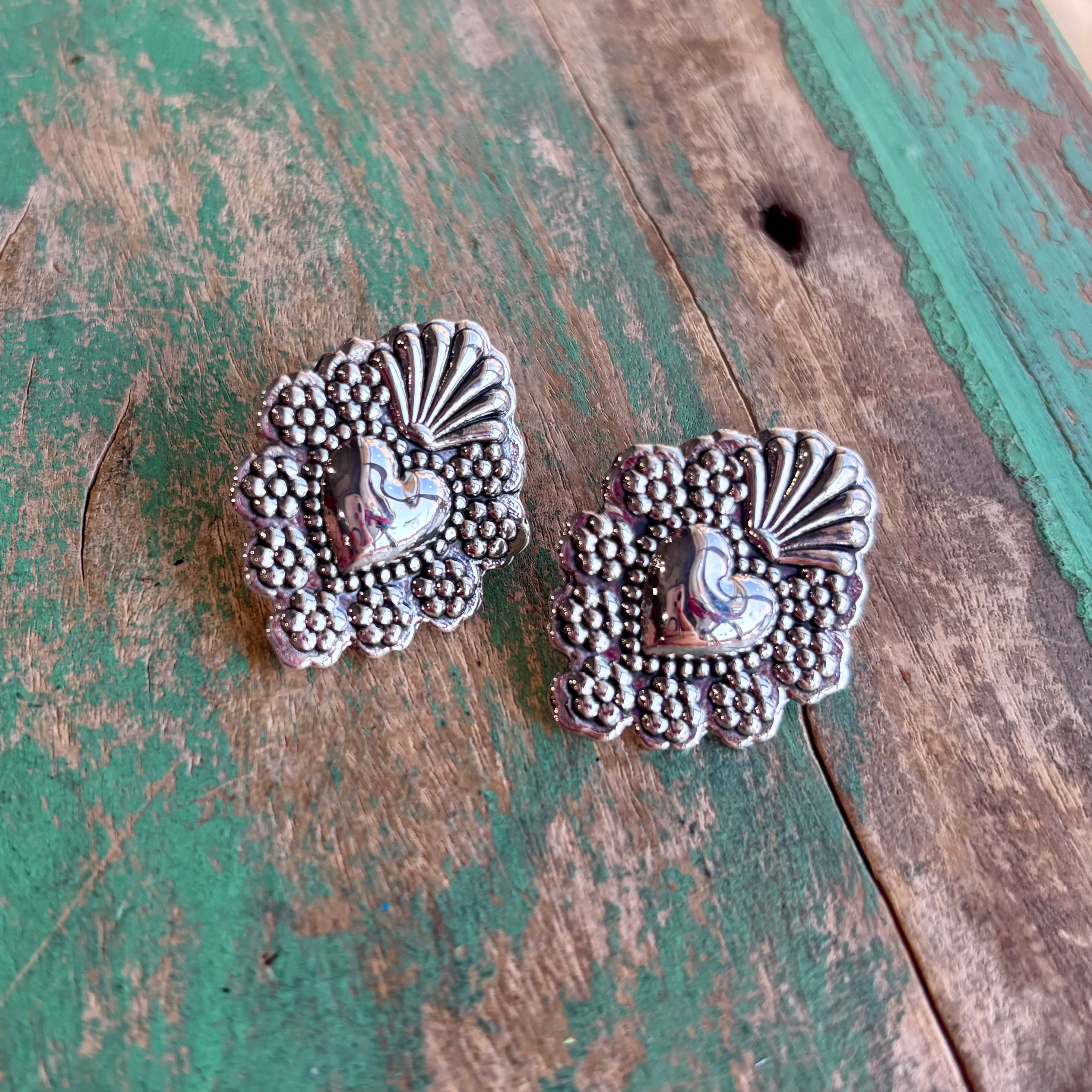 Sterling Silver Flower Sacred Heart Post Earrings