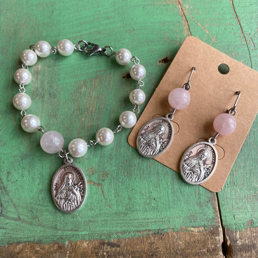 St Therese Pearly Pink Bracelet and Earrings