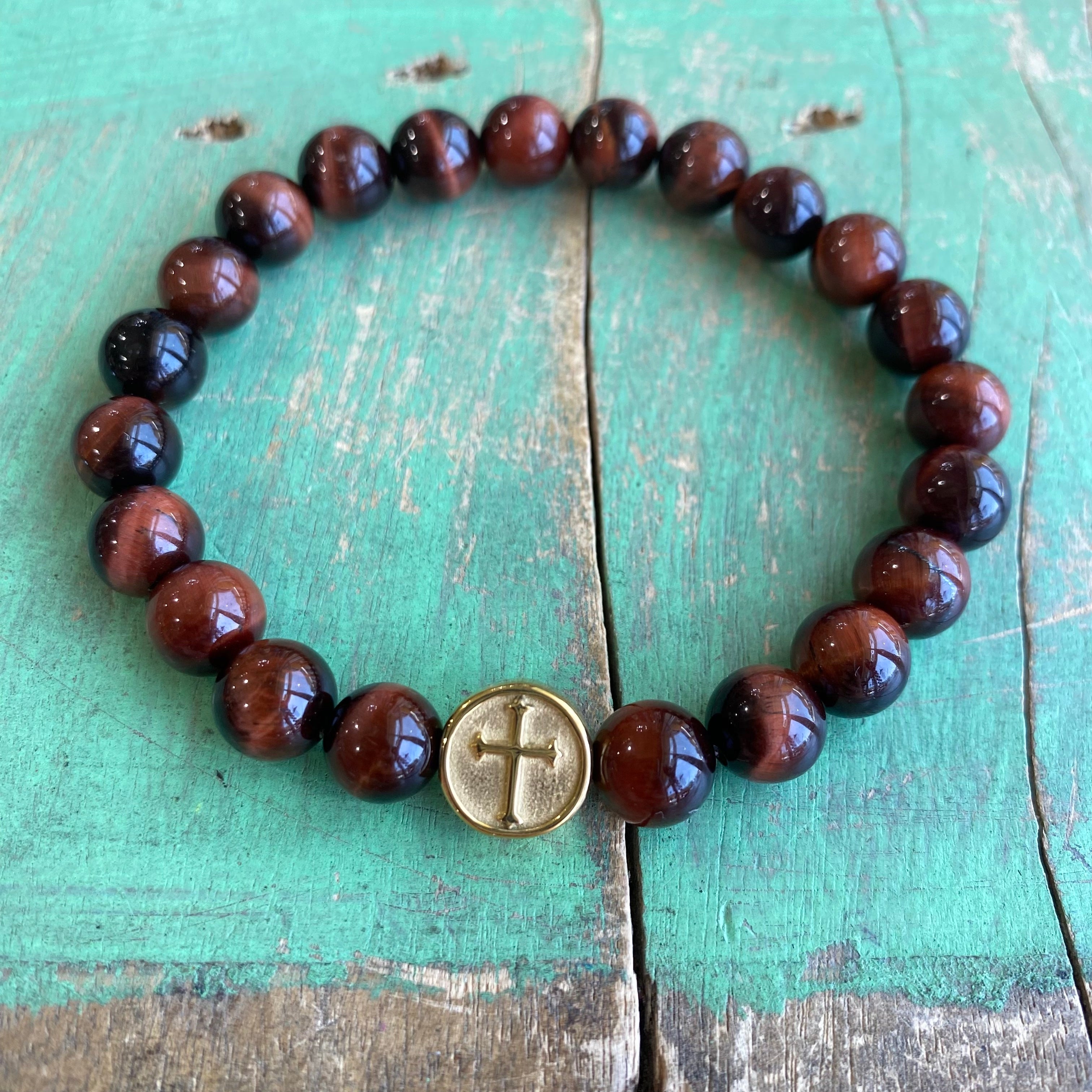 His & Hers Cherry Brown Tiger Eye Cross Bracelet
