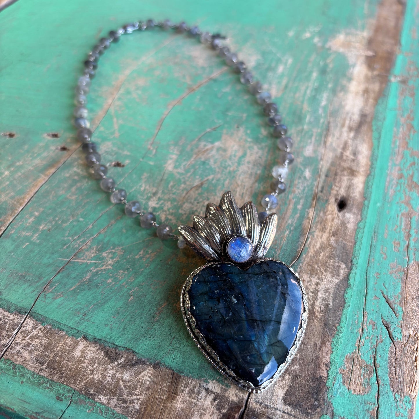 Labradorite Flaming Sacred Heart Necklace or Ring