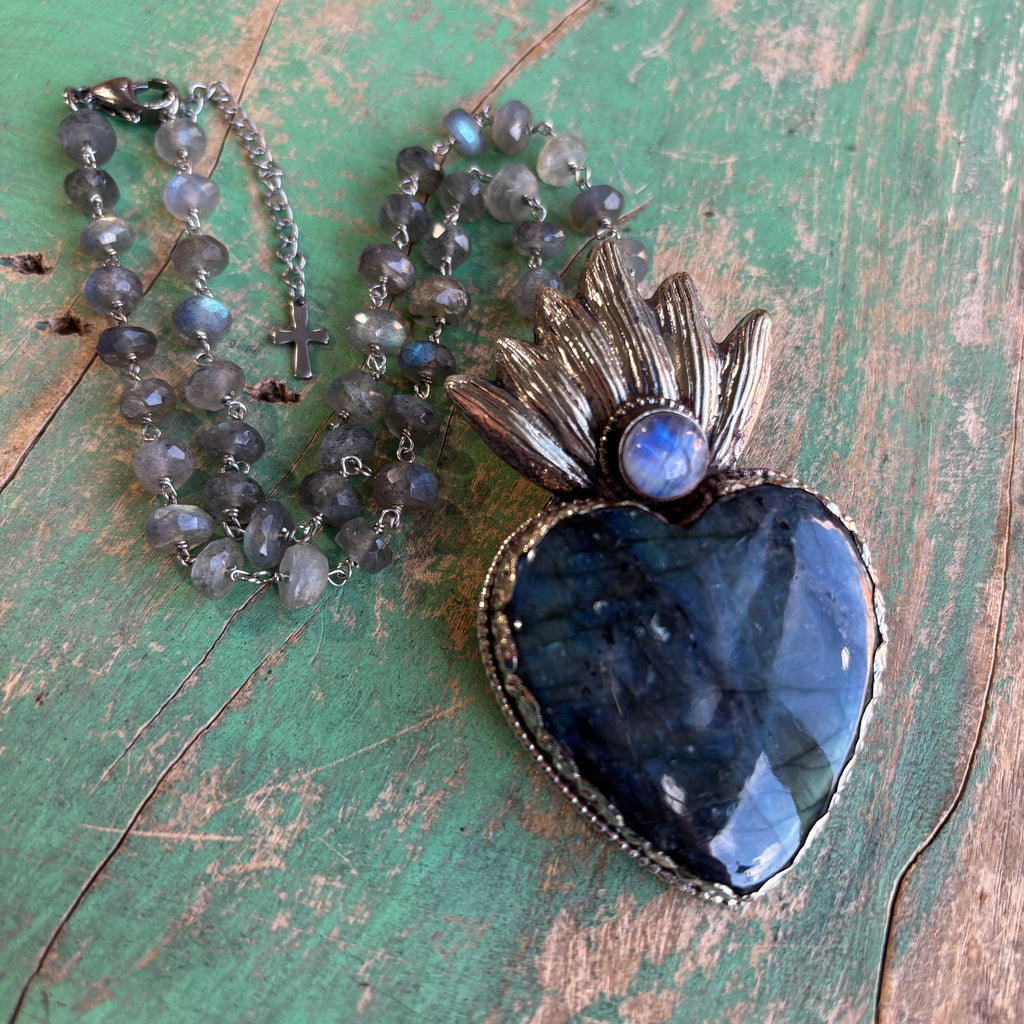 Labradorite Flaming Sacred Heart Necklace or Ring