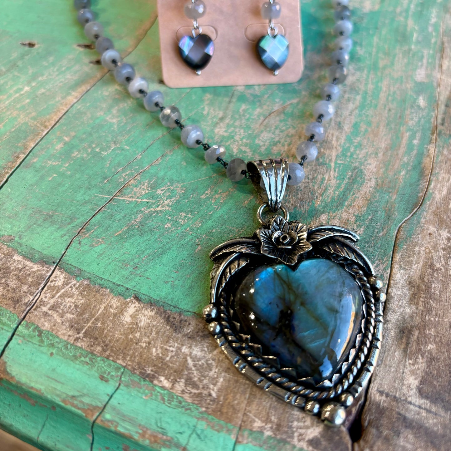 Labradorite Sacred Heart Necklace, Earrings and Rings