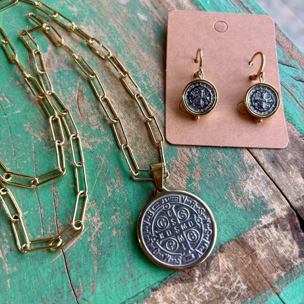 Two-Tone St Benedict Paperclip Necklace or Bracelet or Earrings