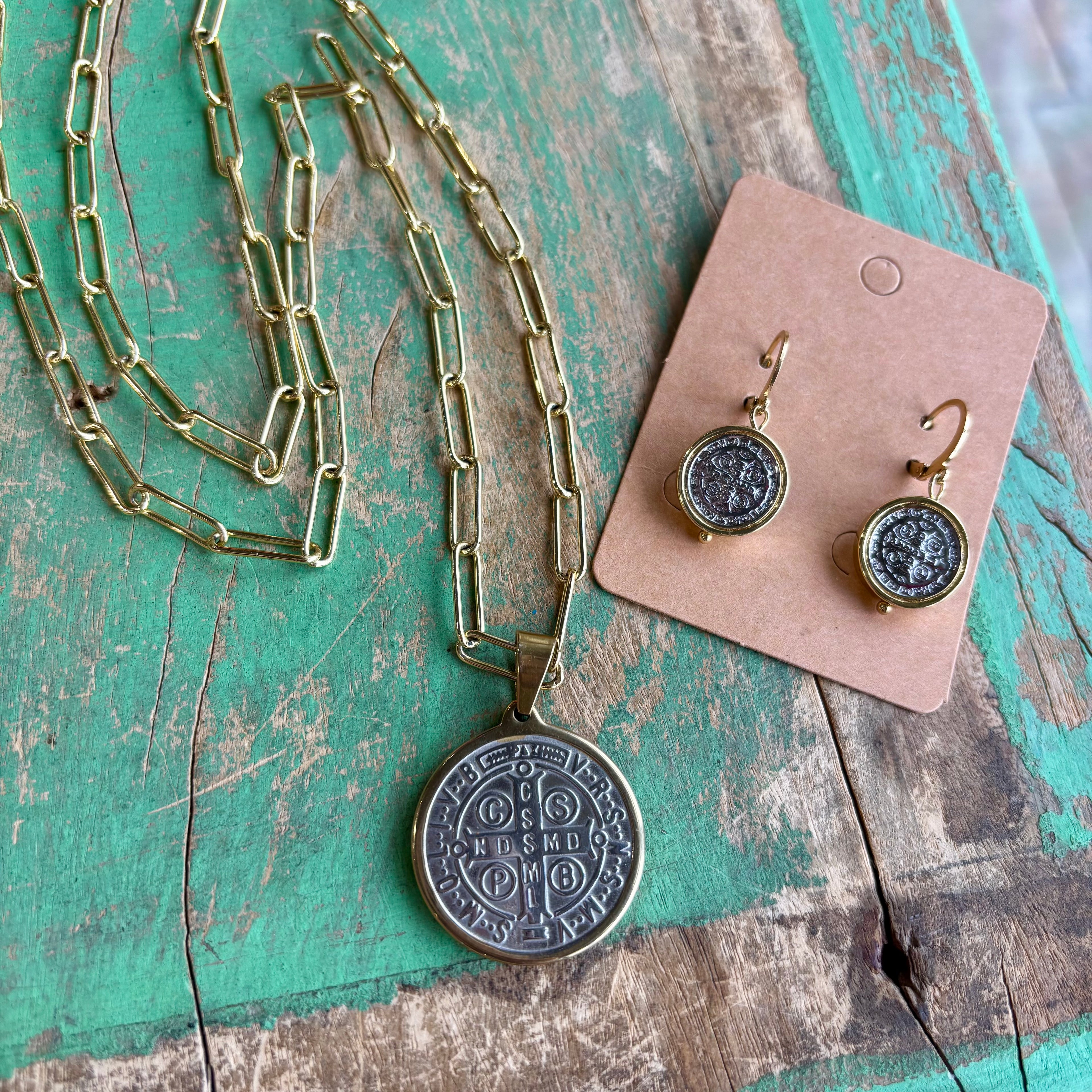 Two-Tone St Benedict Paperclip Necklace or Bracelet or Earrings