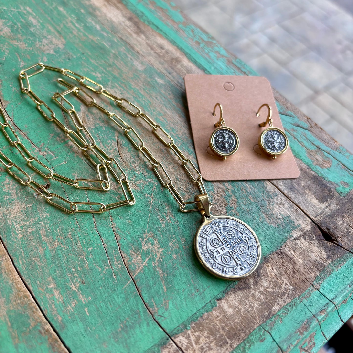Two-Tone St Benedict Paperclip Necklace or Bracelet or Earrings