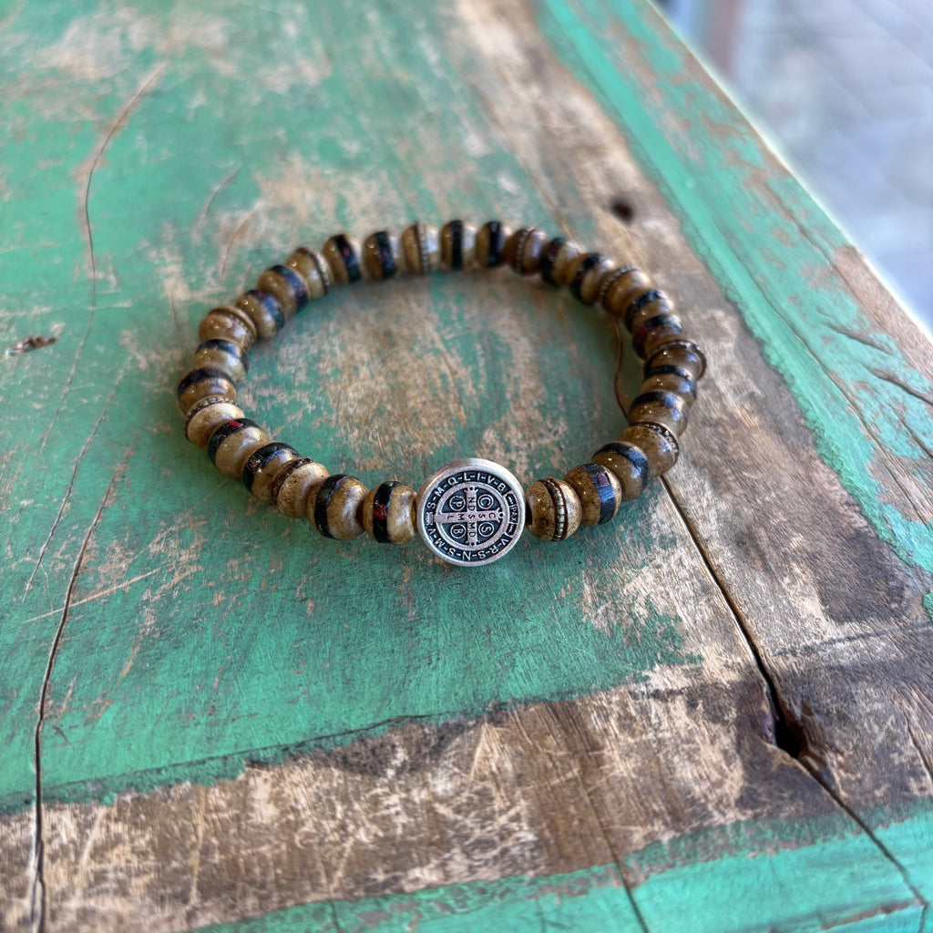 Men of Faith St. Benedict Brown Prayer Bead Bracelet