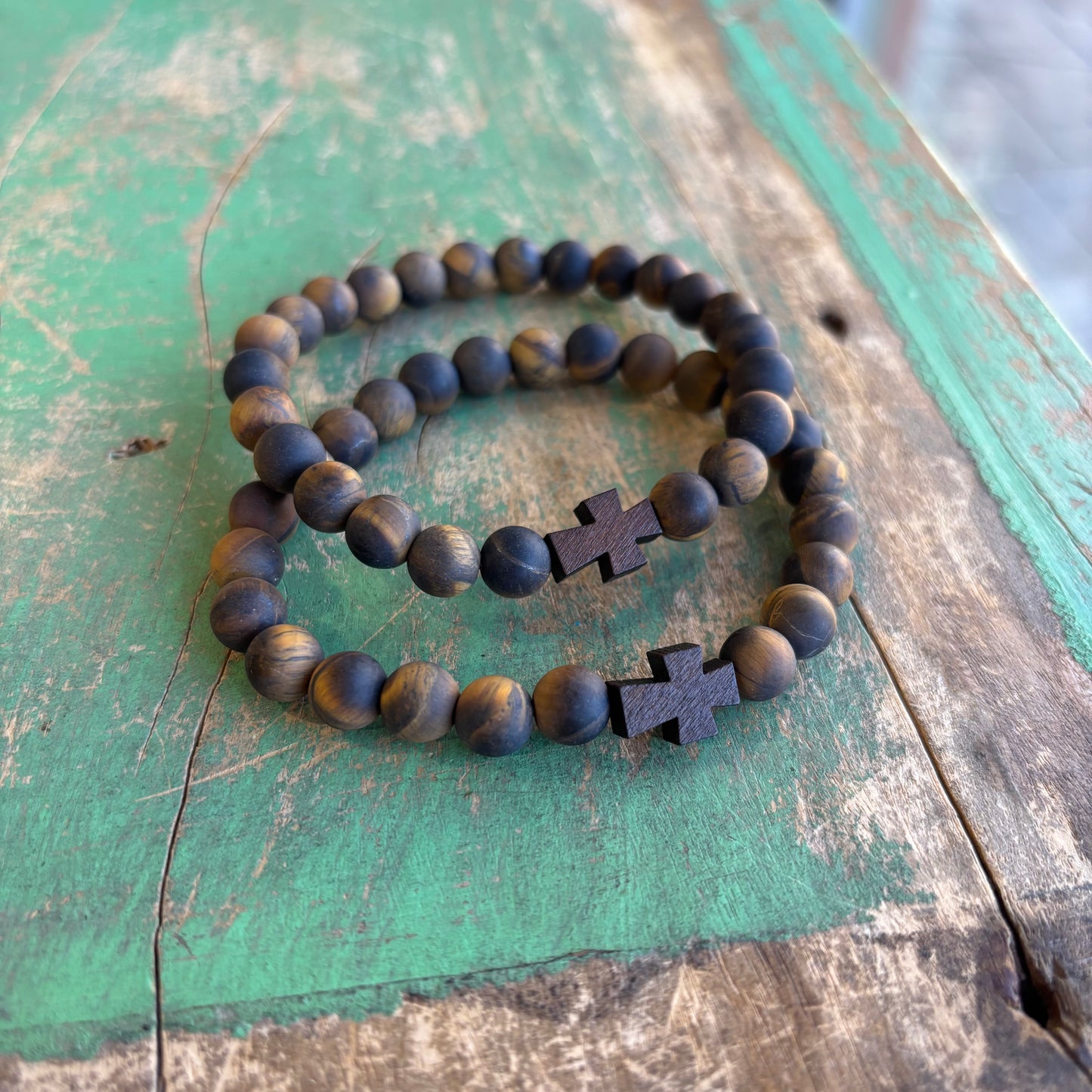 Matte Tiger Eye Wood Cross Bracelet