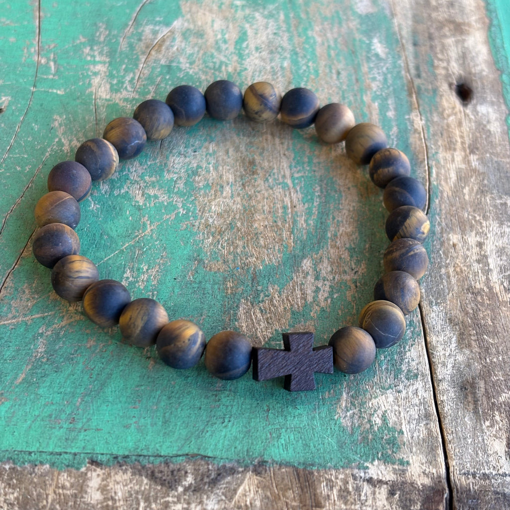 Matte Tiger Eye Wood Cross Bracelet