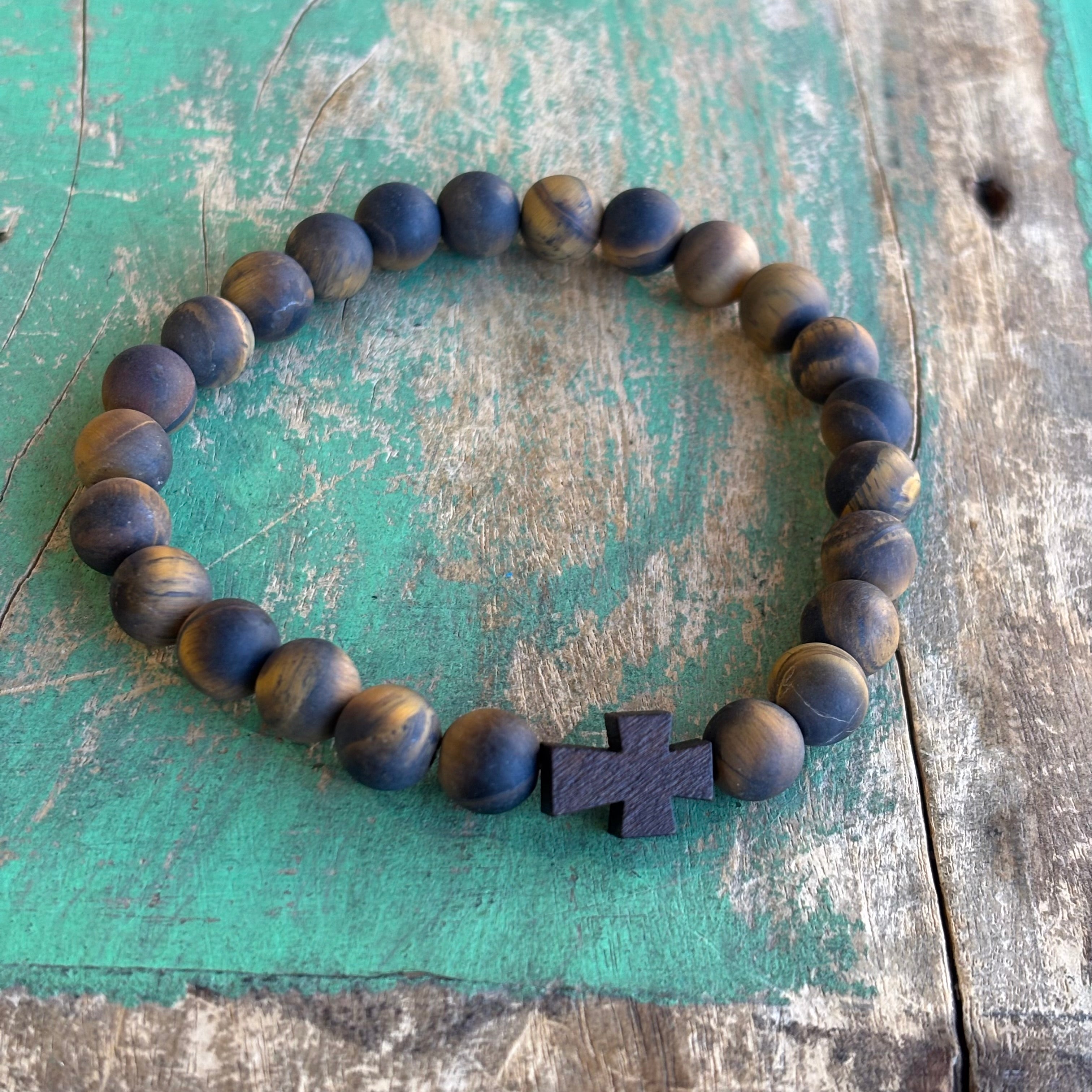 Matte Tiger Eye Wood Cross Bracelet