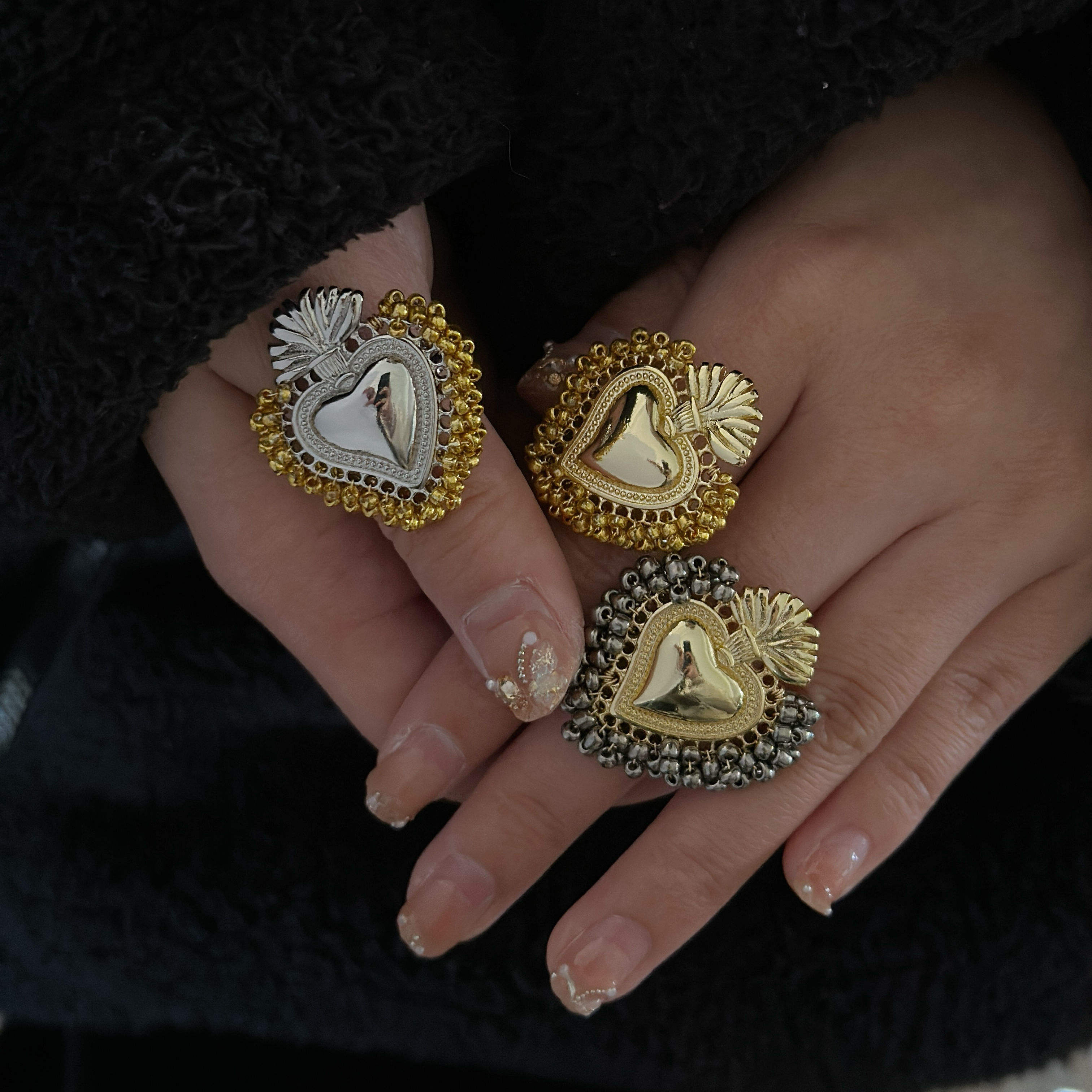 Beaded Sacred Heart Adjustable Ring – Gold & Silver Plated Faith Jewelry