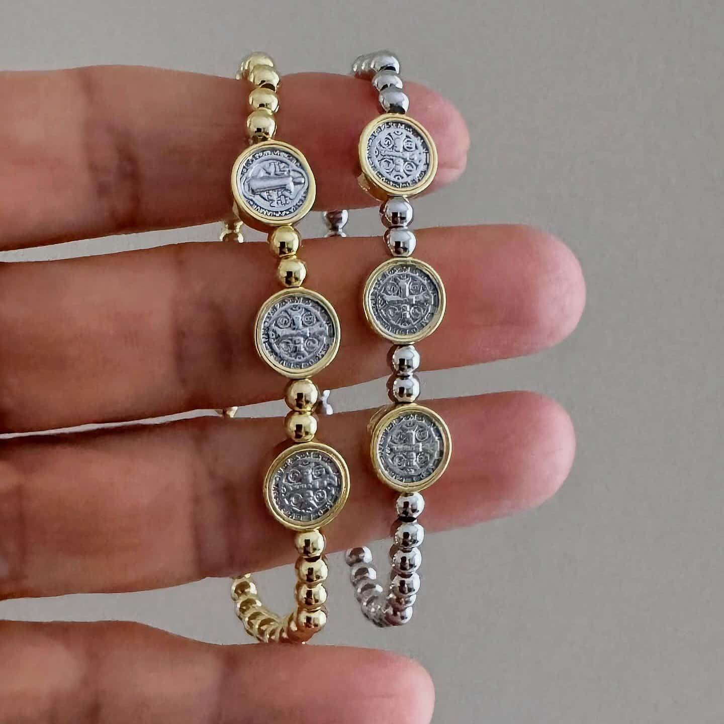 Tri St Benedict Medal Two Tone Adjustable Bracelet