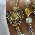 Sacred Heart Two-Tone Beaded Bracelet – 18K Gold & Silver Plated, Adjustable Cord