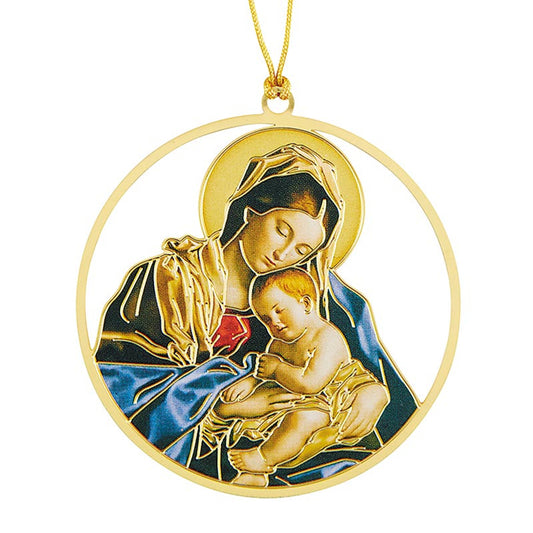 Brass Enamel Madonna and Chid Ornament