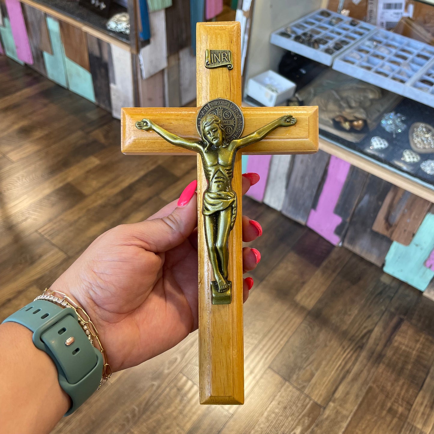 10” Oak Wood St Benedict Crucifix