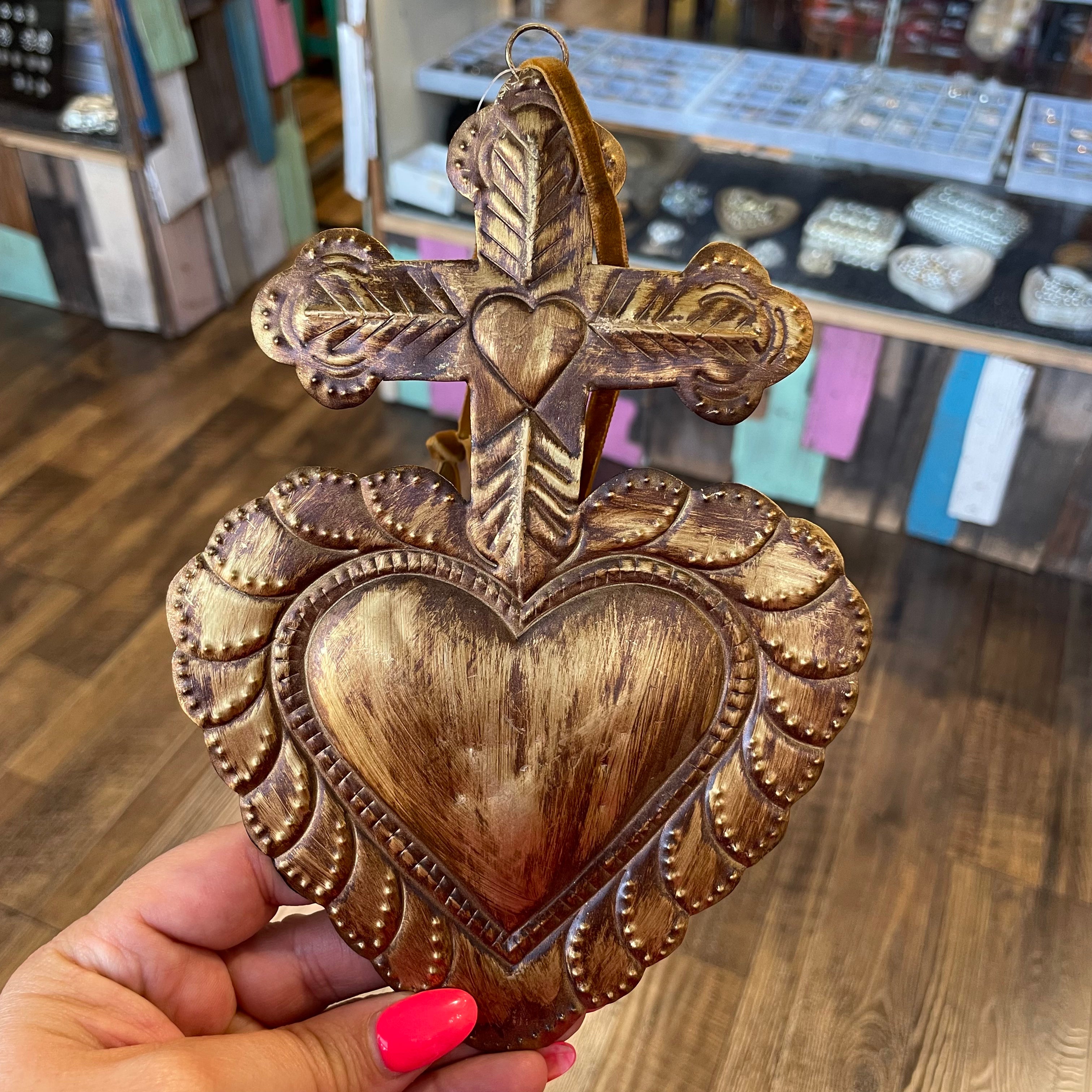Cross on Heart Tin Ornament
