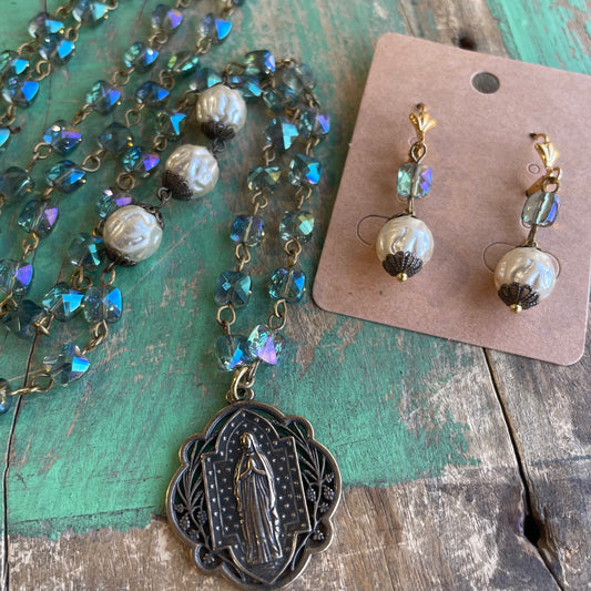 Our Lady Iridescent Necklace and Earrings