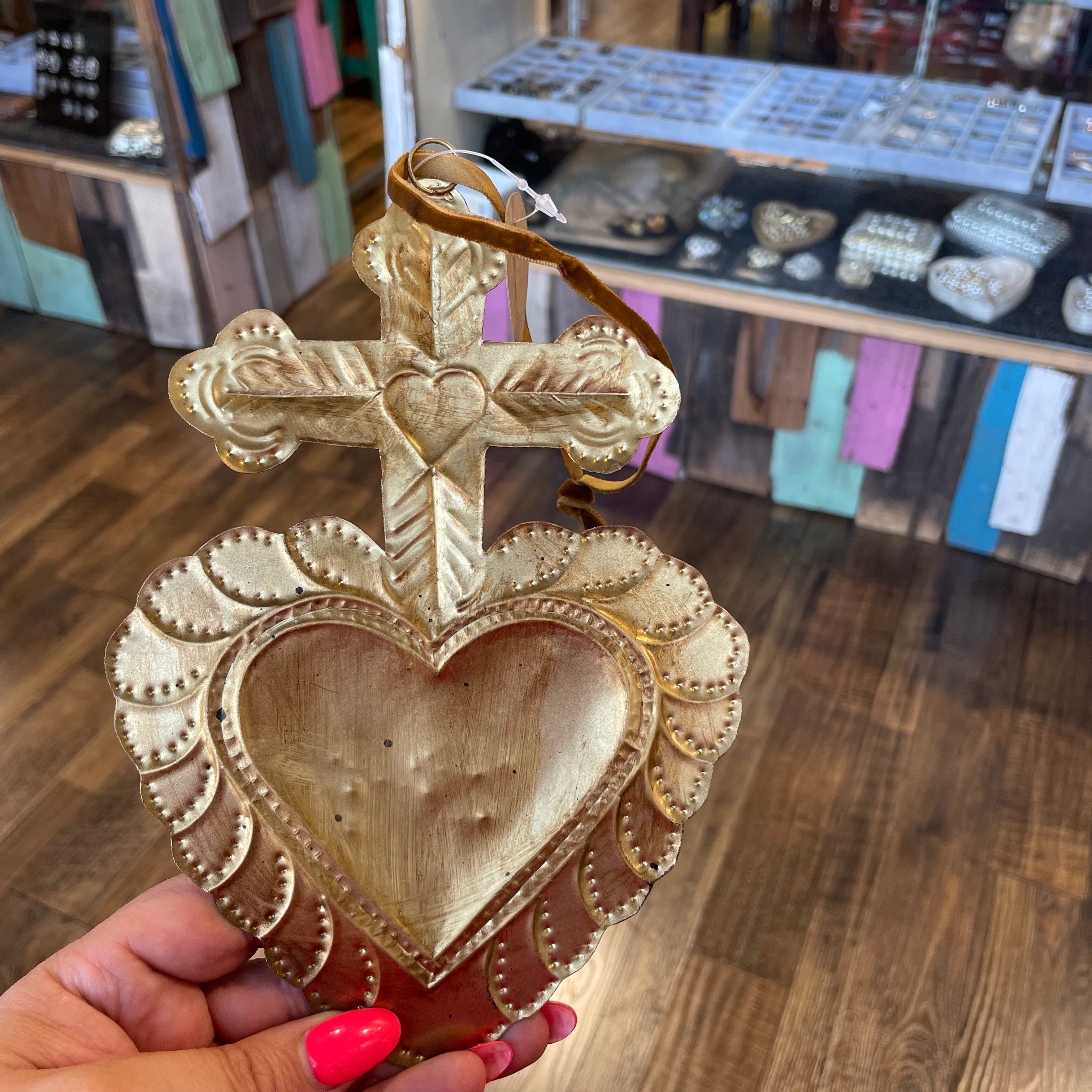 Cross on Heart Tin Ornament
