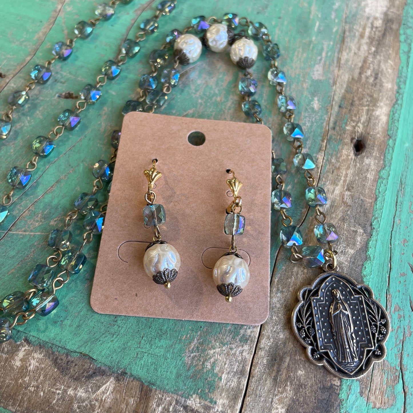 Our Lady Iridescent Necklace and Earrings