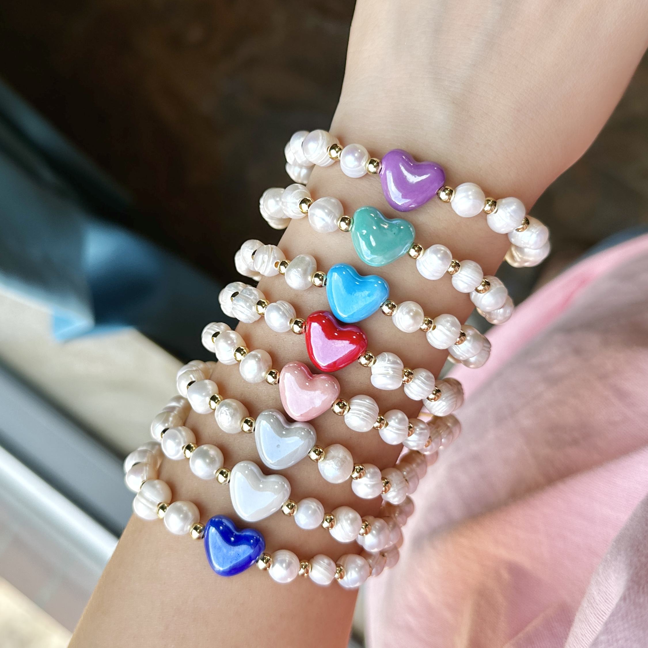 Freshwater Pearl Heart Adjustable Bracelet-18K Gold Plated, Porcelain Heart