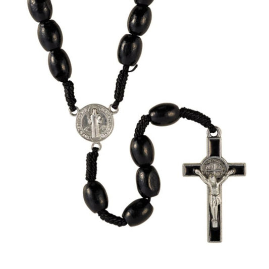 Black St Benedict Wooden Bead Cord Rosary