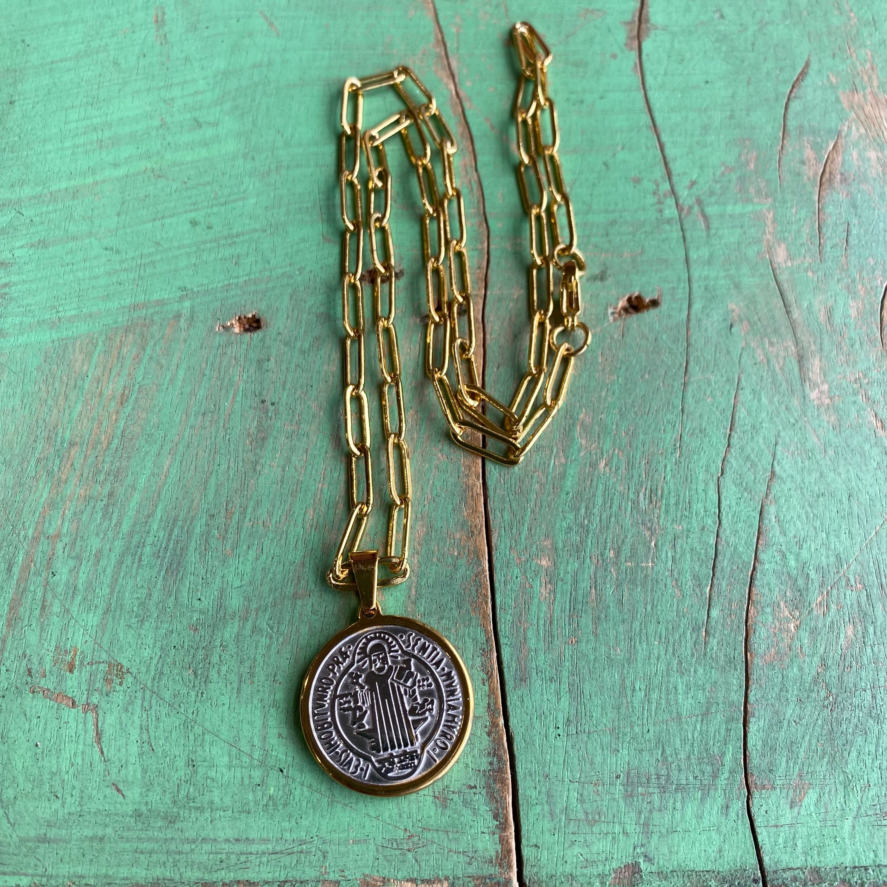 Two-Tone St Benedict Paperclip Necklace or Bracelet or Earrings