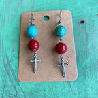 Red and Turquoise Cross Necklace and Earring Set