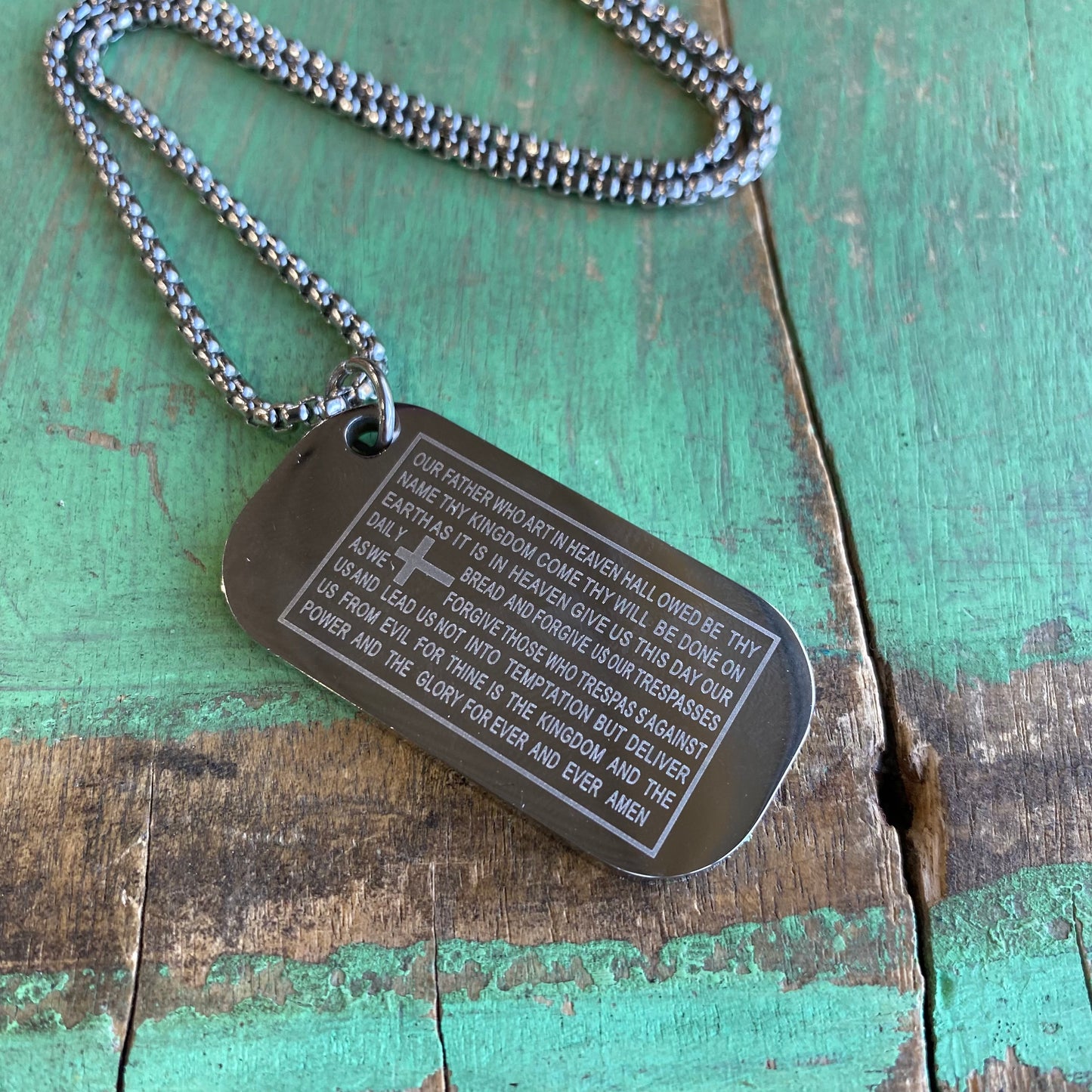 Stainless Steel Our Father Prayer Tag Necklace