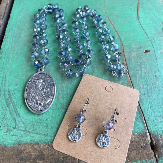 St Michael/Guardian Angel Iridescent Necklace and Earring Set