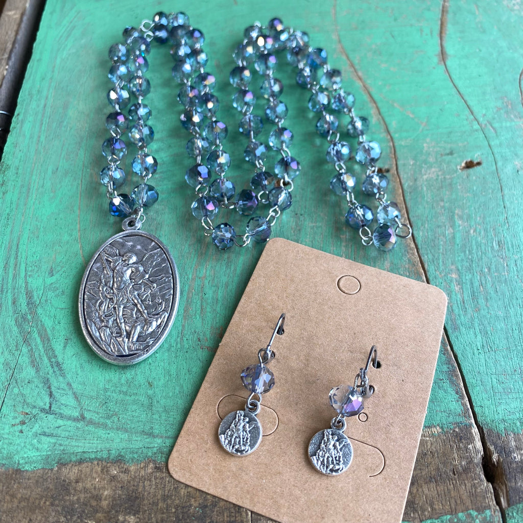 St Michael/Guardian Angel Iridescent Necklace and Earring Set
