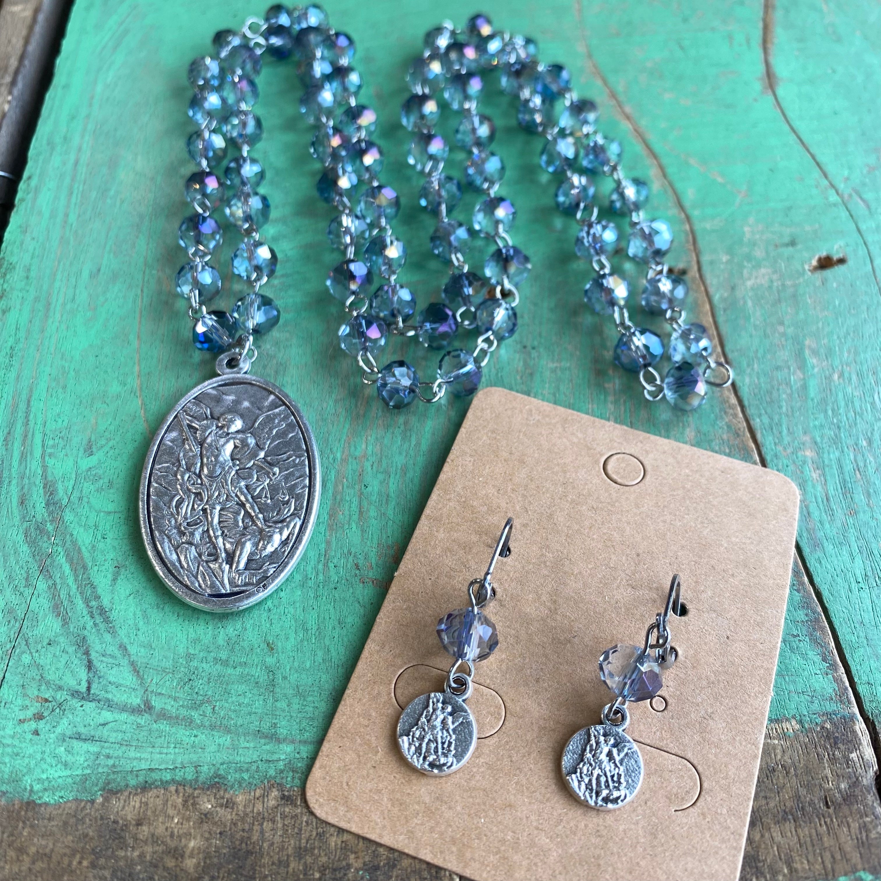 St Michael/Guardian Angel Iridescent Necklace and Earring Set