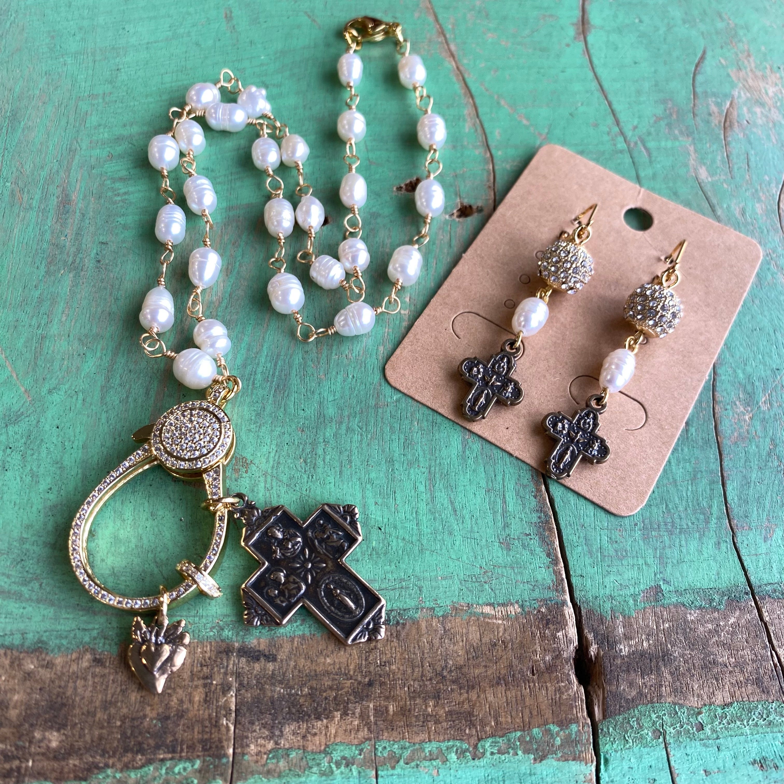 Pearl 4 Way Cross Clasp Necklace or Earrings