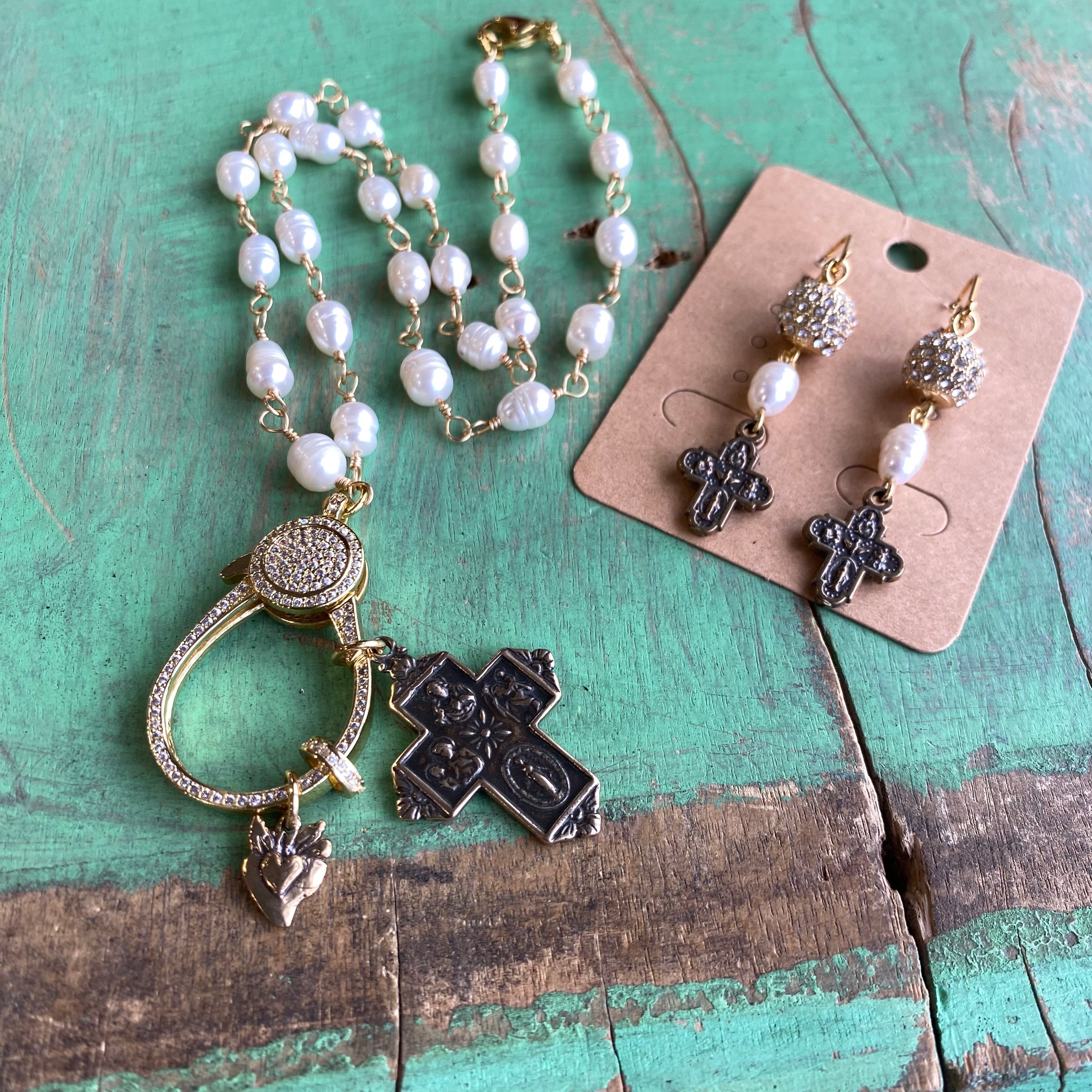 Pearl 4 Way Cross Clasp Necklace or Earrings