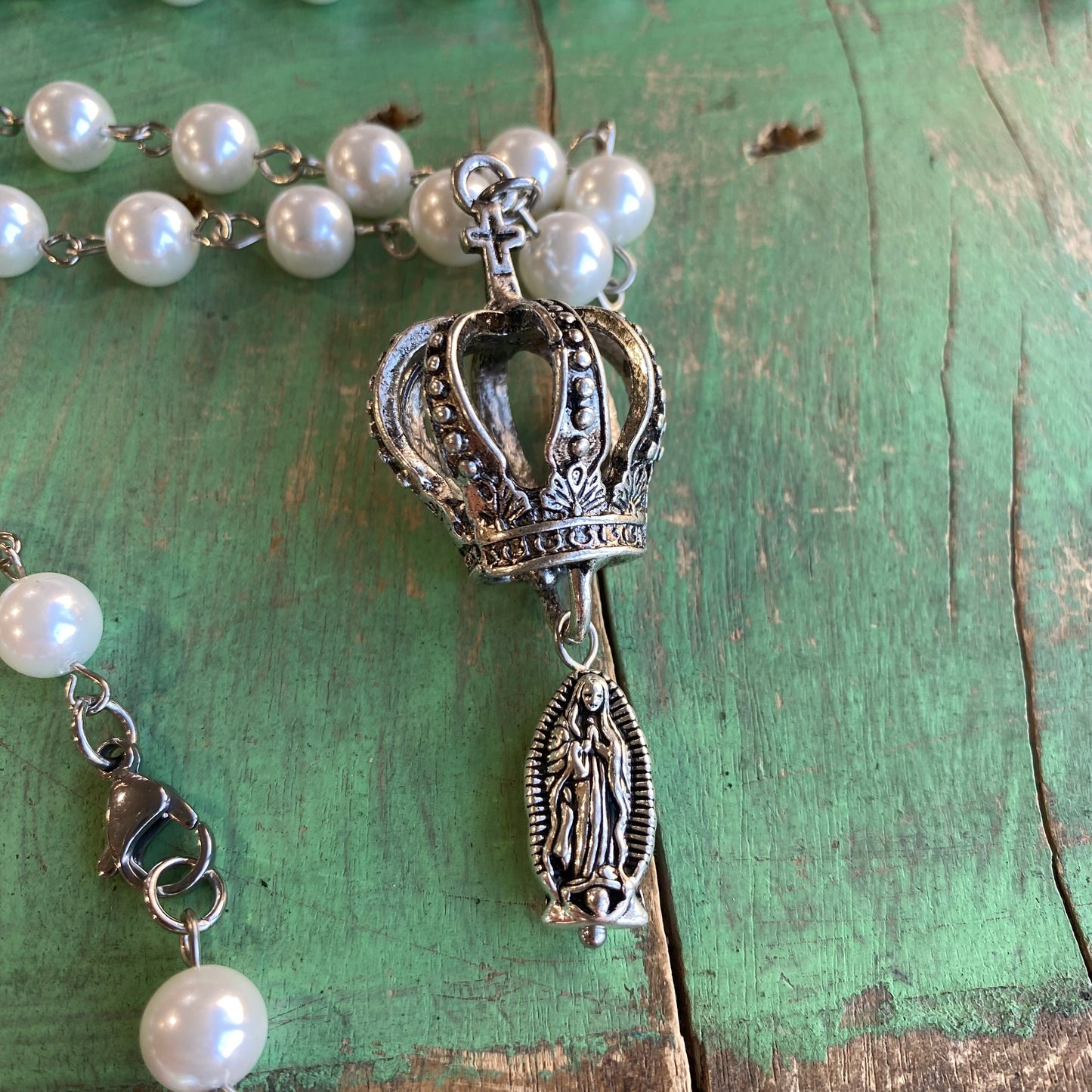 Silver Crown of Mary Pearl Necklace Set