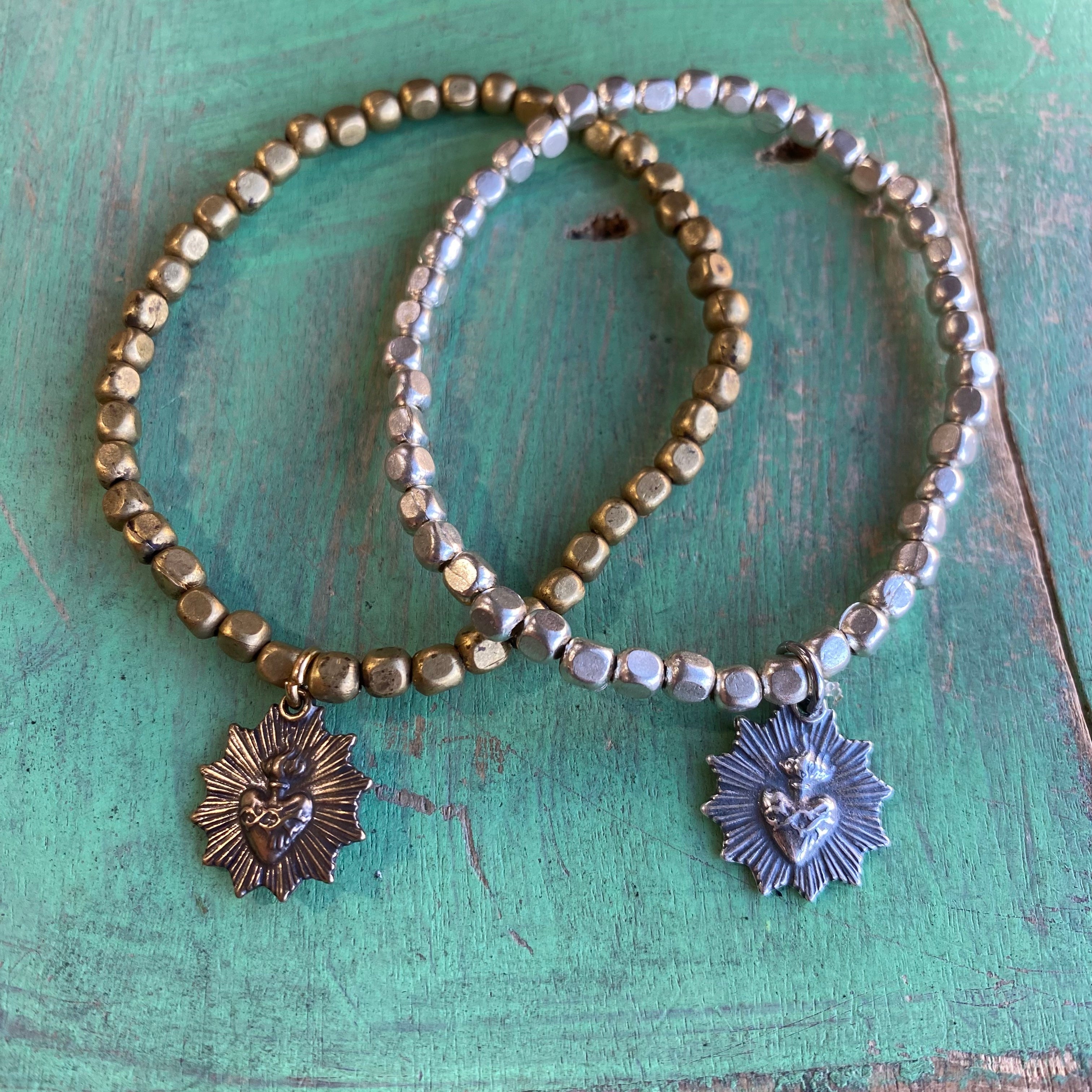 Mini Brass Beaded Sacred Heart Bracelet