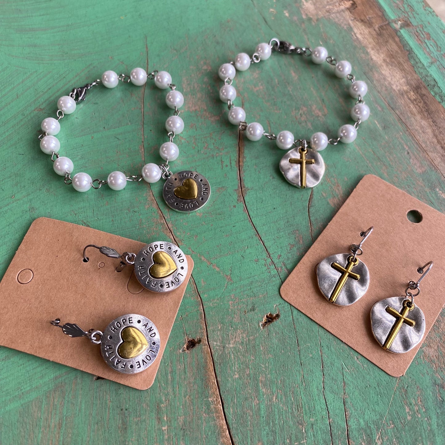 Heart and Cross of Gold Glass Pearl Bracelet and Earrings Set
