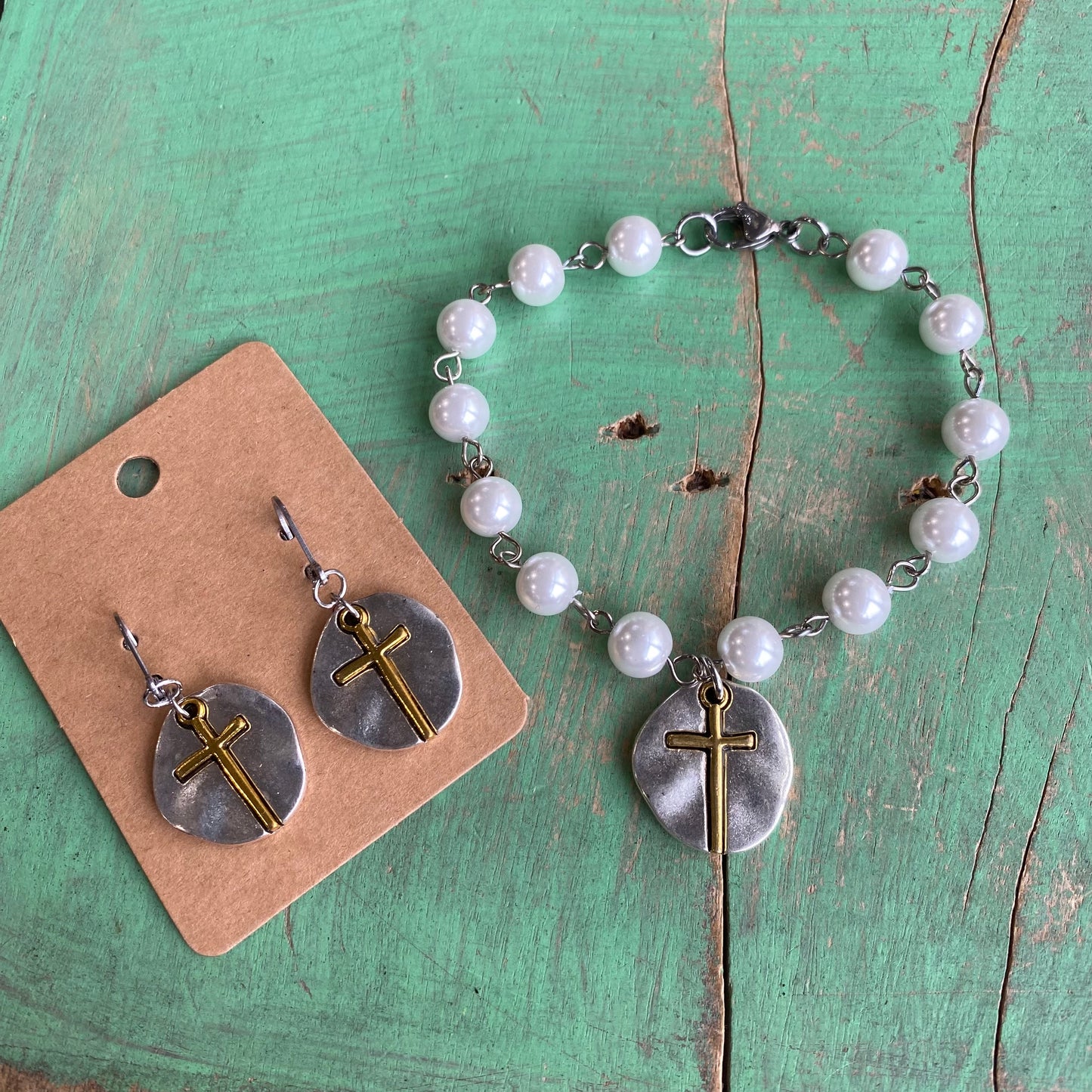 Heart and Cross of Gold Glass Pearl Bracelet and Earrings Set