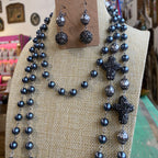 Blue Pearl and Pave Cross Necklace and Earrings