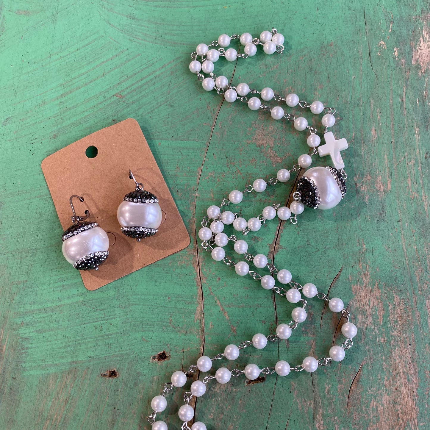 Shell Pearl Pave Necklace and Earring Set