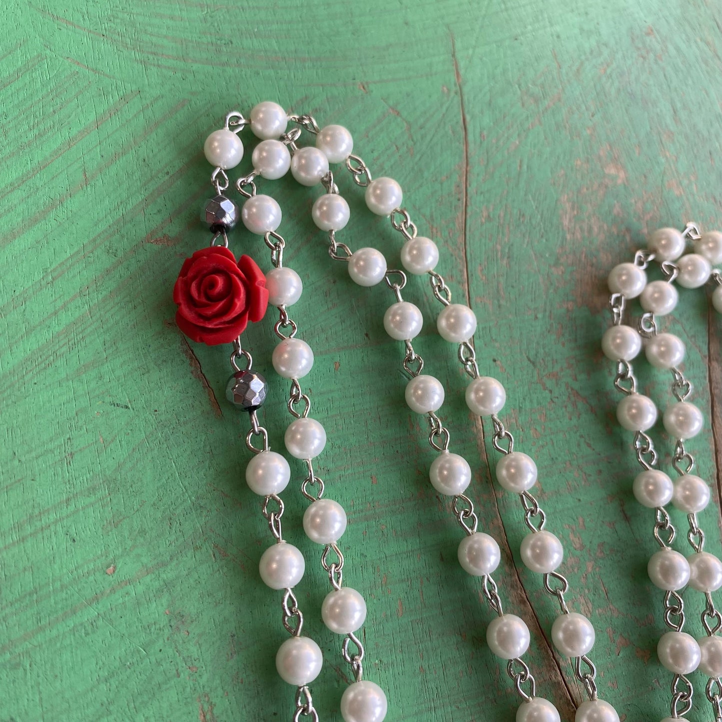 Pearl and Red Rose OLG Necklace & Earrings Set