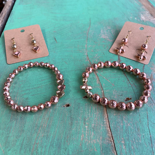 Rose Gold Hematite Love Bracelet and Earrings Set