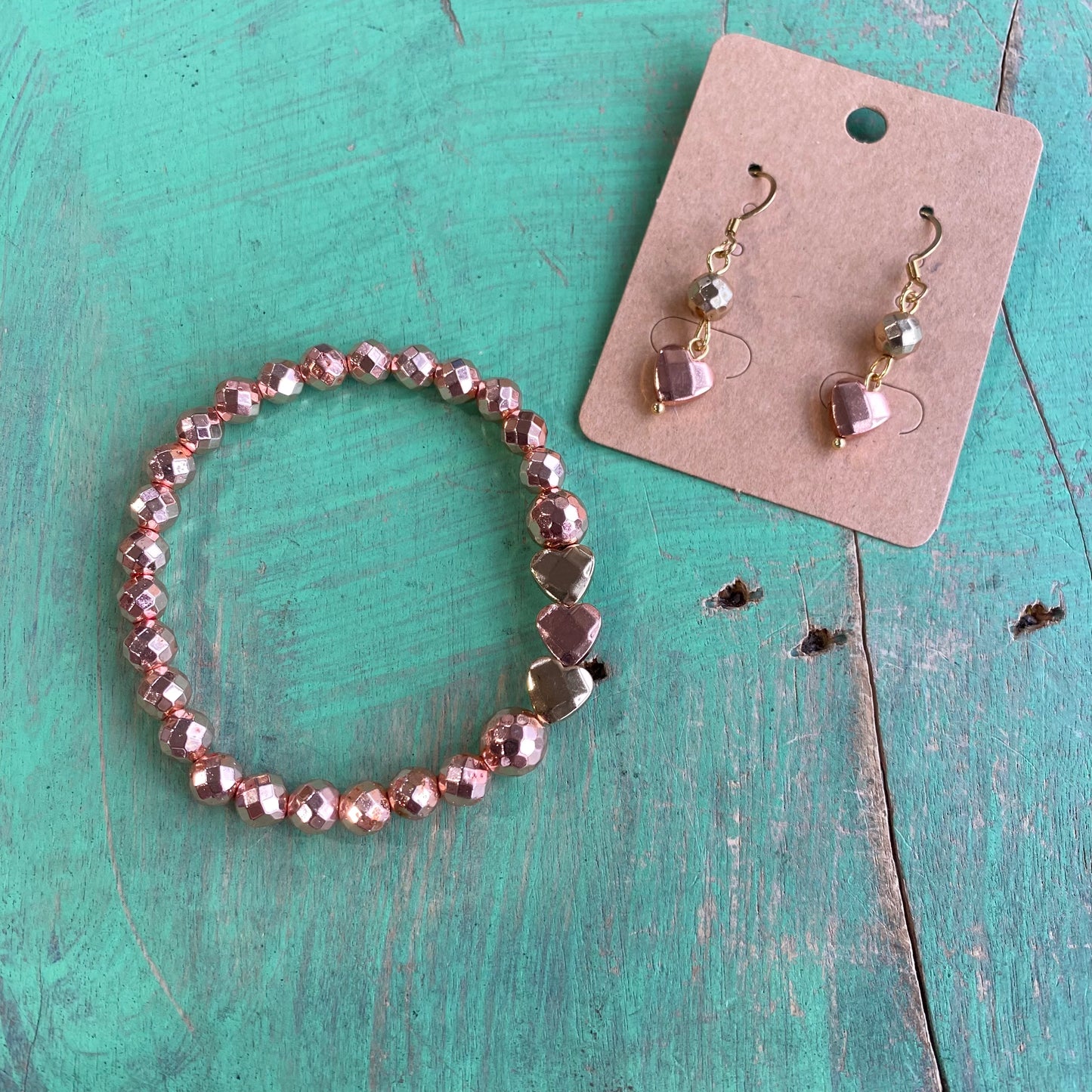 Rose Gold Hematite Love Bracelet and Earrings Set