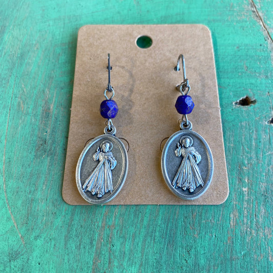 Blue Bead Divine Mercy Earrings