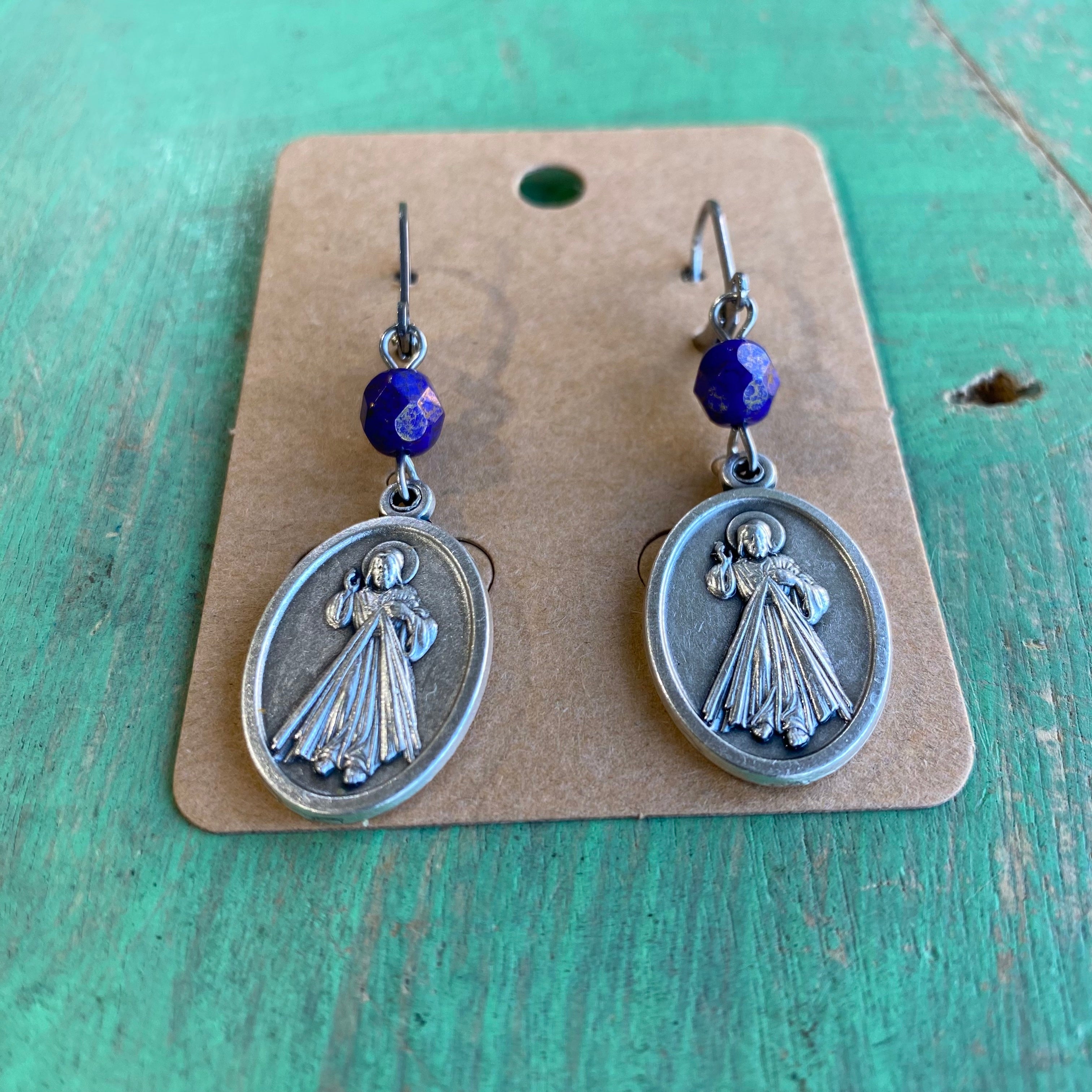Blue Bead Divine Mercy Earrings
