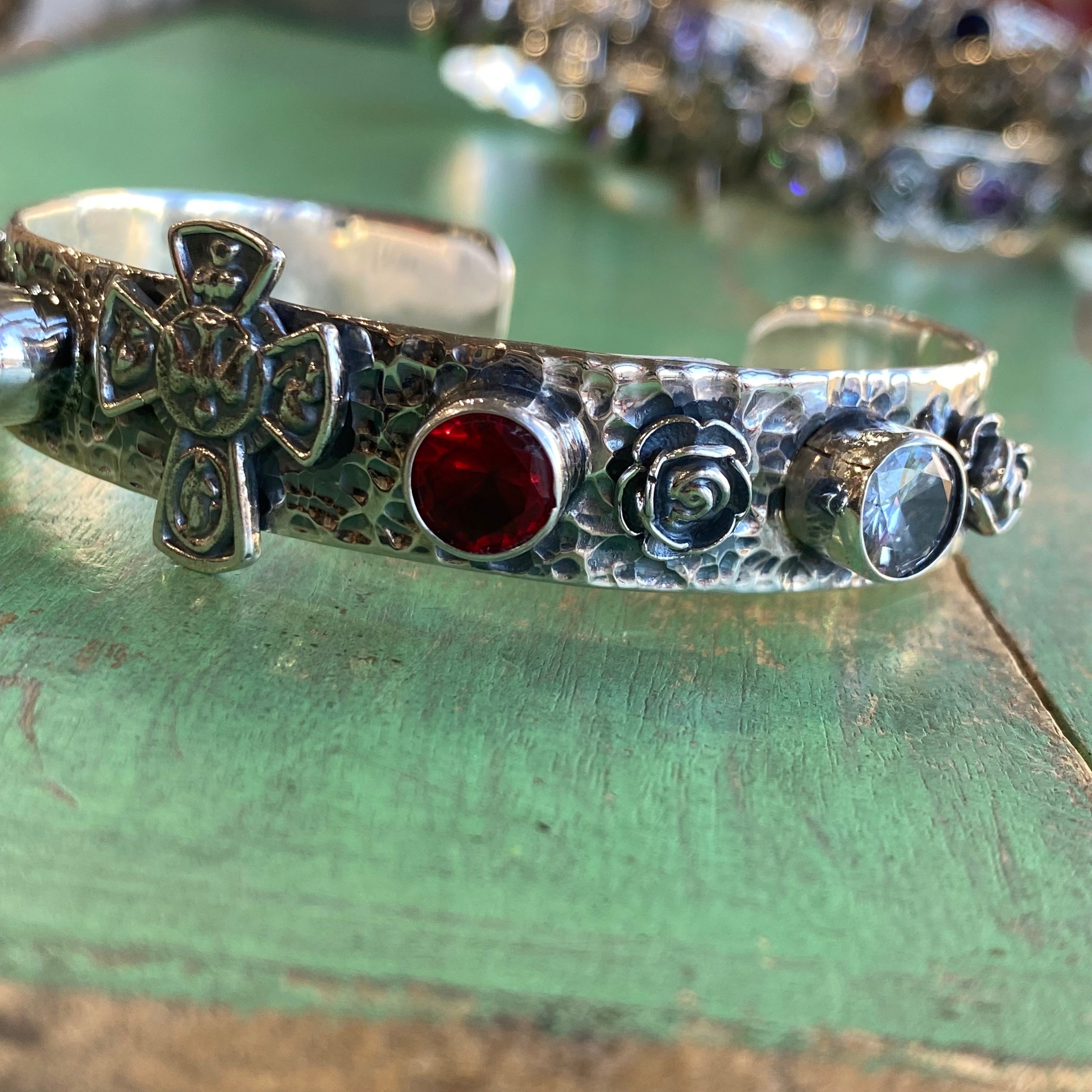 Sterling Silver Five Way Cross Crystal Cuff