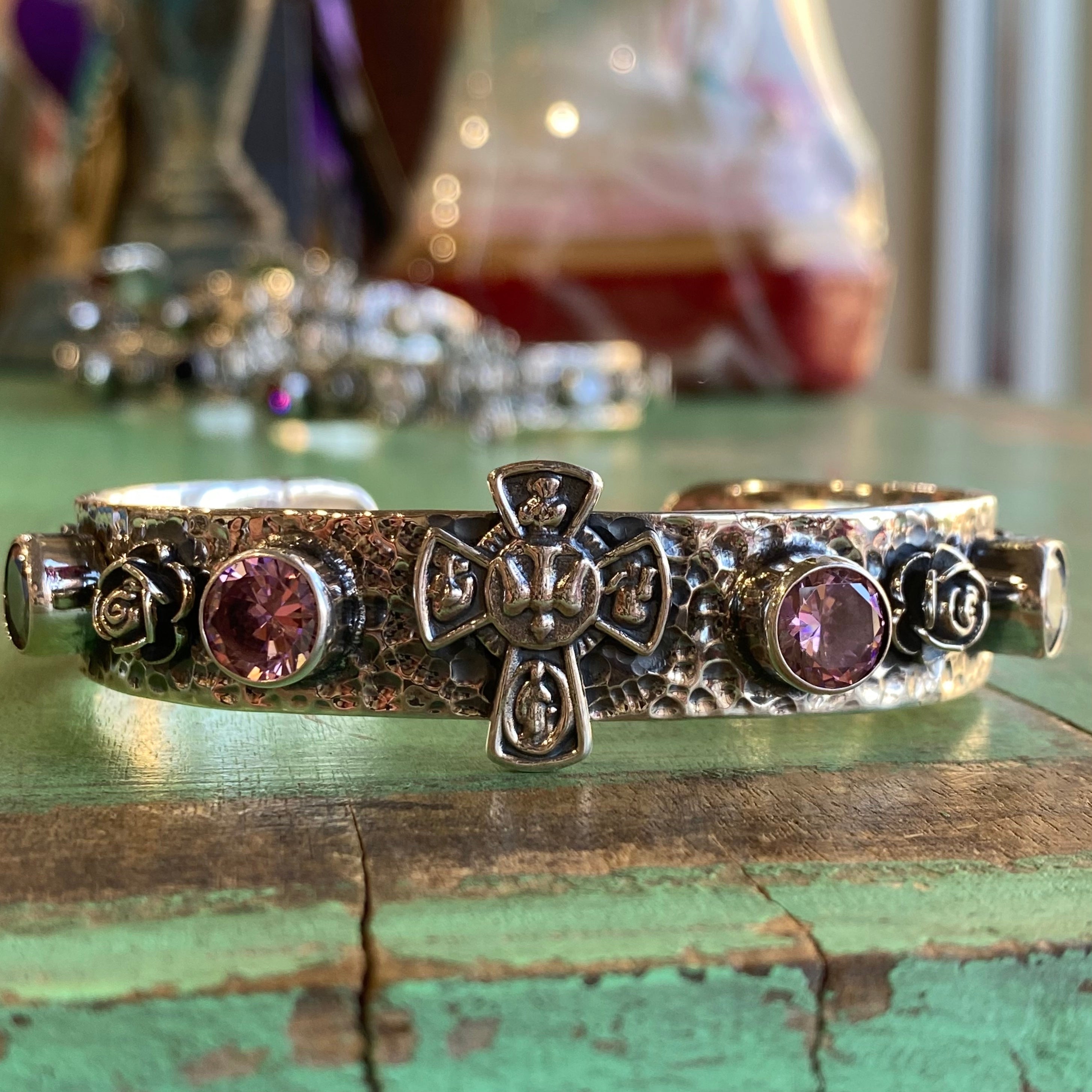Sterling Silver Five Way Cross Crystal Cuff